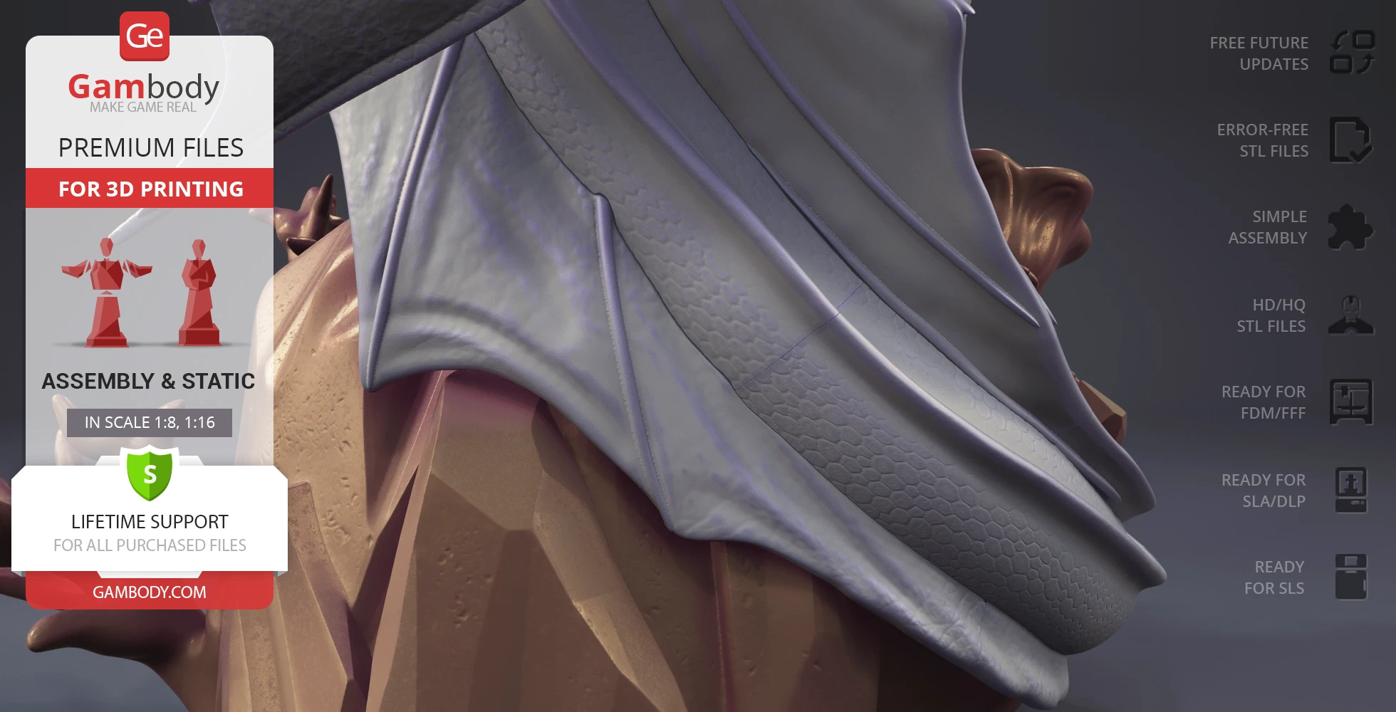 Close-up of a detailed 3D model with textured scales and smooth folds, offered by Gambody for 3D printing.