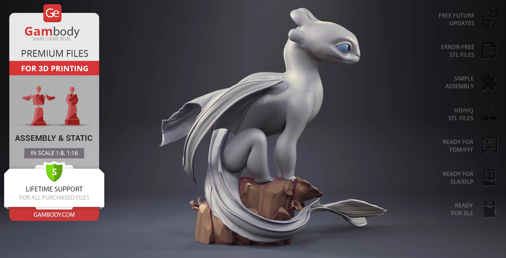 3D model of a Light Fury dragon, perched elegantly on a rock, with flowing wings and tail.