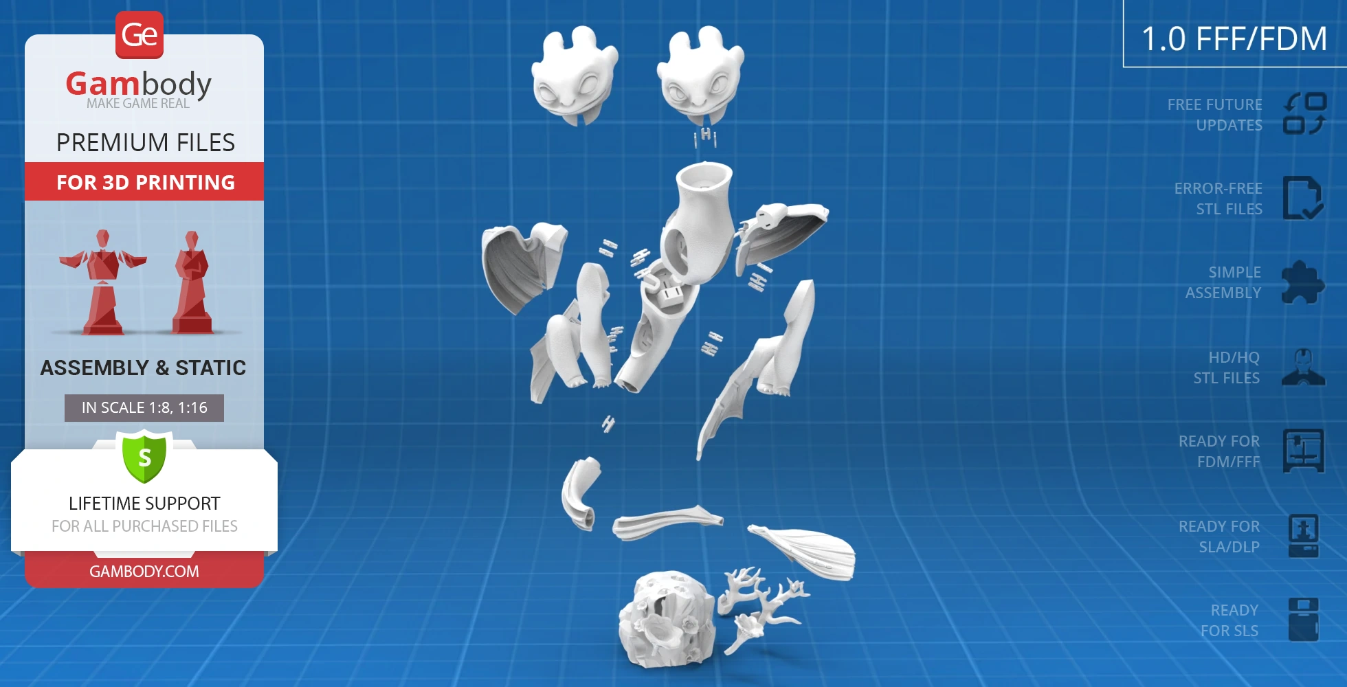 Exploded view of Light Fury 3D model parts on a blue grid background, ready for assembly and printing.