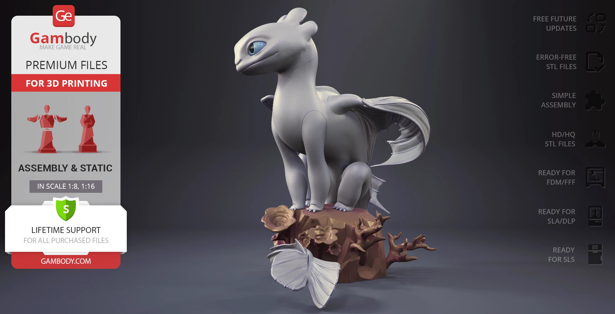A 3D model of a Light Fury dragon perched on a decorative base with flowers and branches.