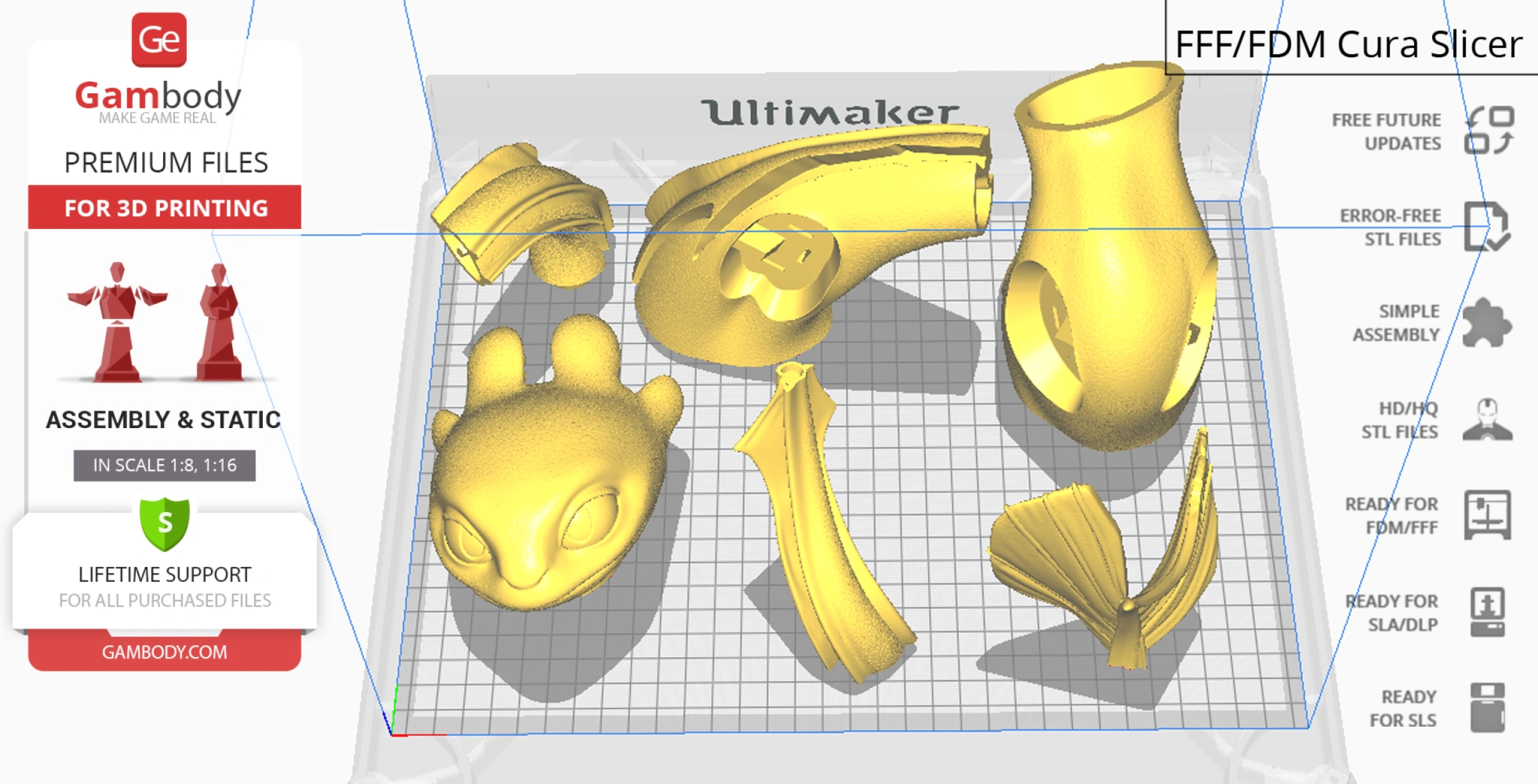 3D print layout showing gold Light Fury dragon parts on a grid platform.
