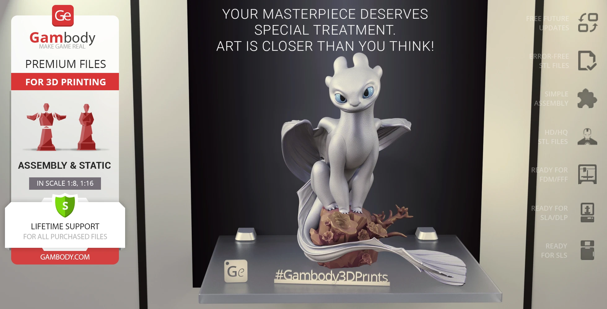 White dragon figure with large blue eyes, sitting on a rock, wings spread, set on a display pedestal.