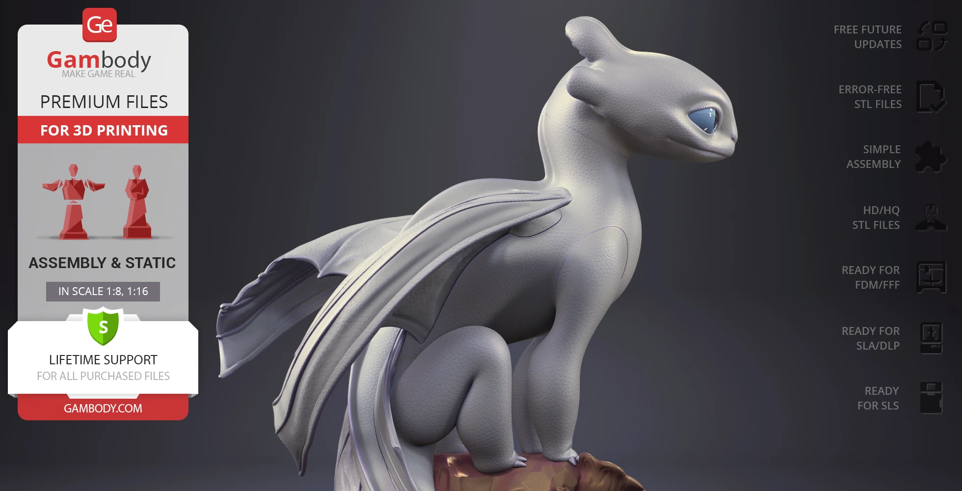 A sleek, detailed dragon-like creature model with large wings and expressive eyes, ready for 3D printing.