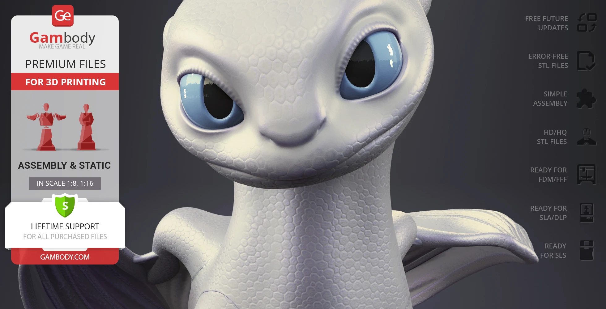 White dragon-like creature with large blue eyes, featuring a scaly texture, suitable for 3D printing.