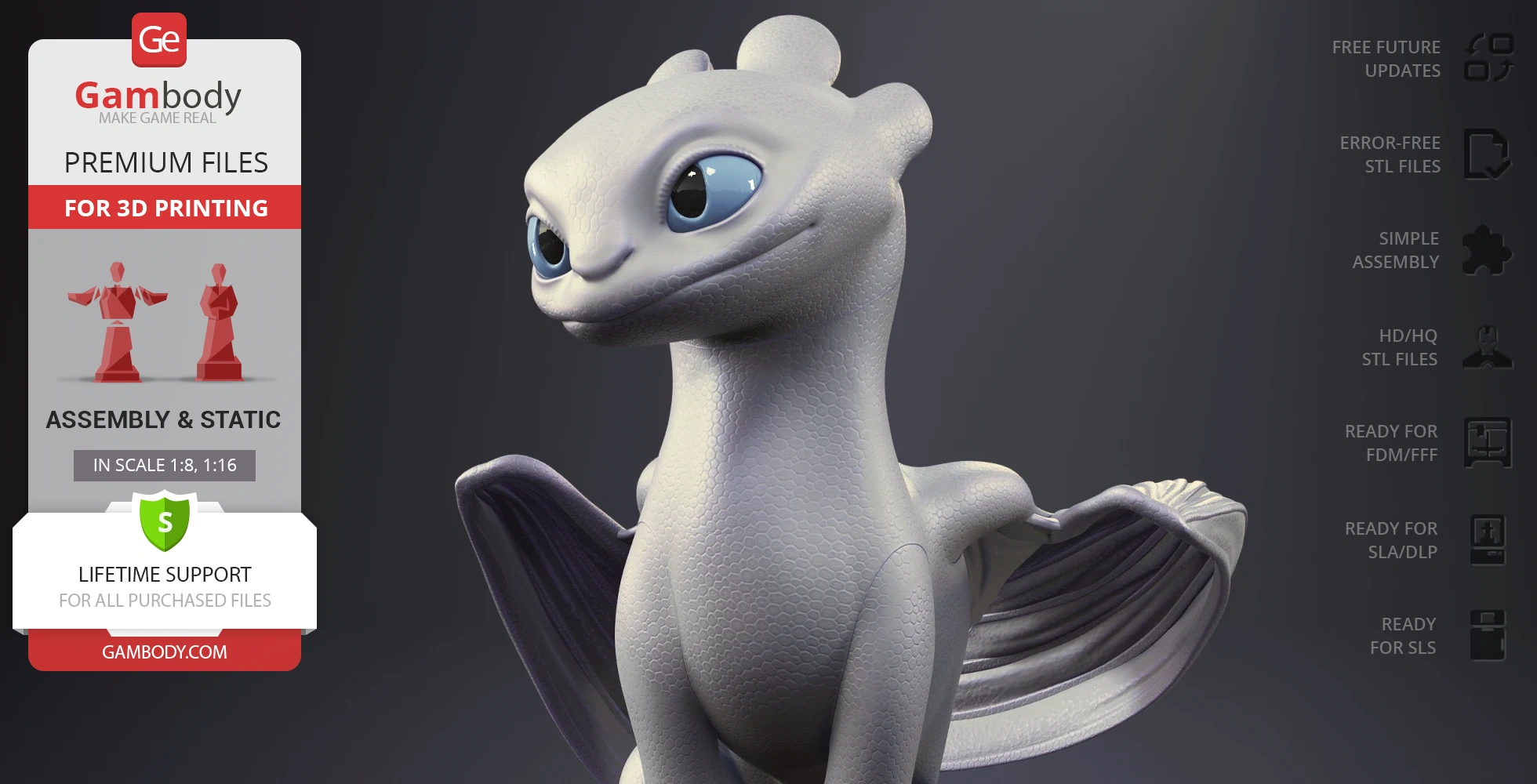 A cute, white dragon with big blue eyes, small wings, and a textured body for 3D printing.