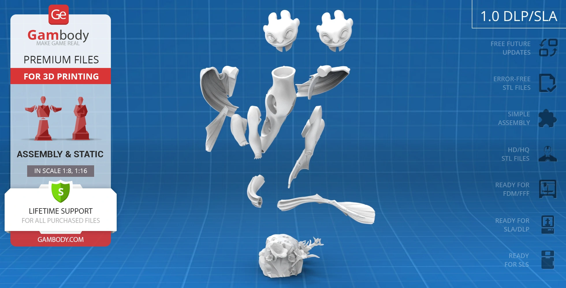 Disassembled 3D model pieces of a dragon character for 3D printing on a blue grid background.