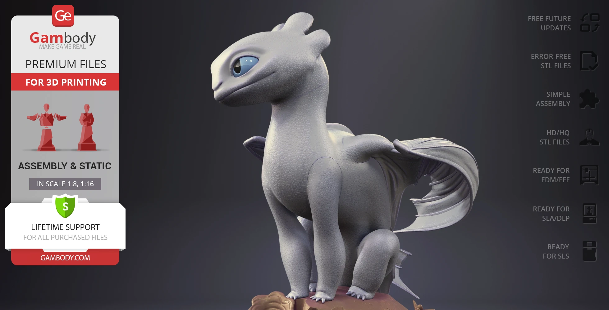 White dragon-like creature figurine with wide eyes and textured scales, ready for 3D printing.