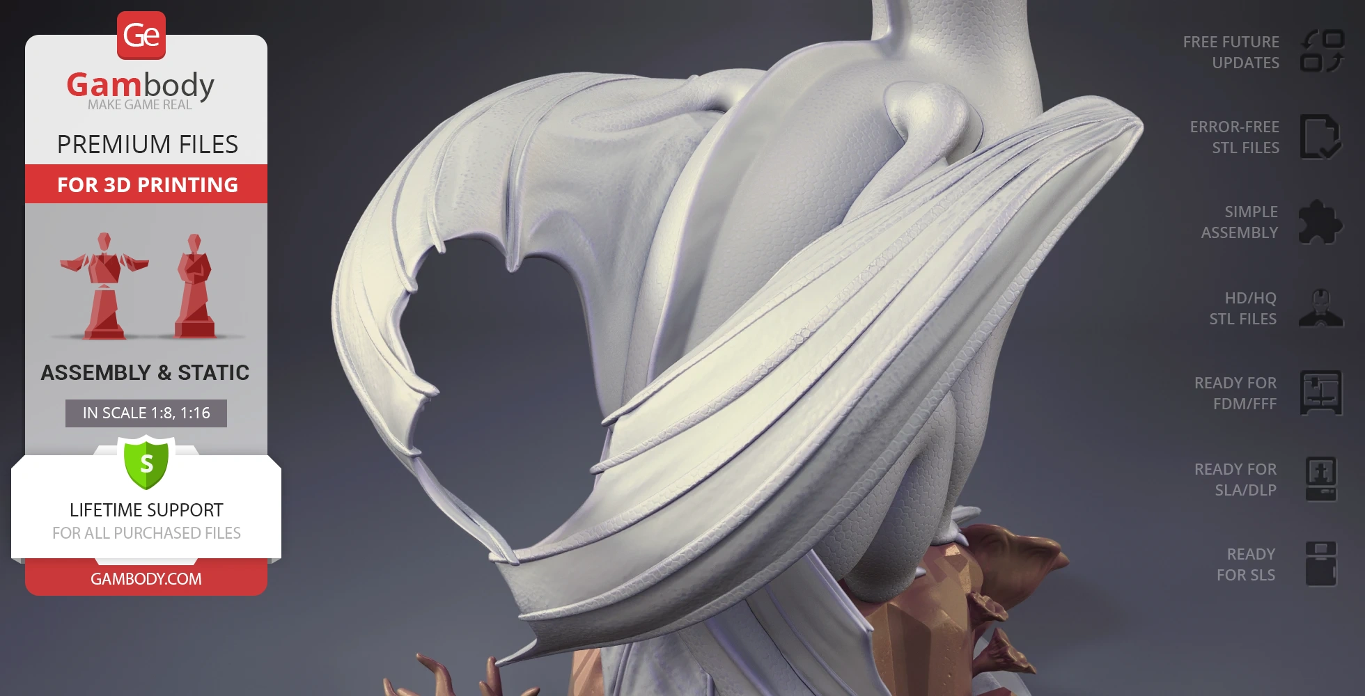 A 3D model of a dragon's winged back, textured and detailed, suitable for 3D printing.