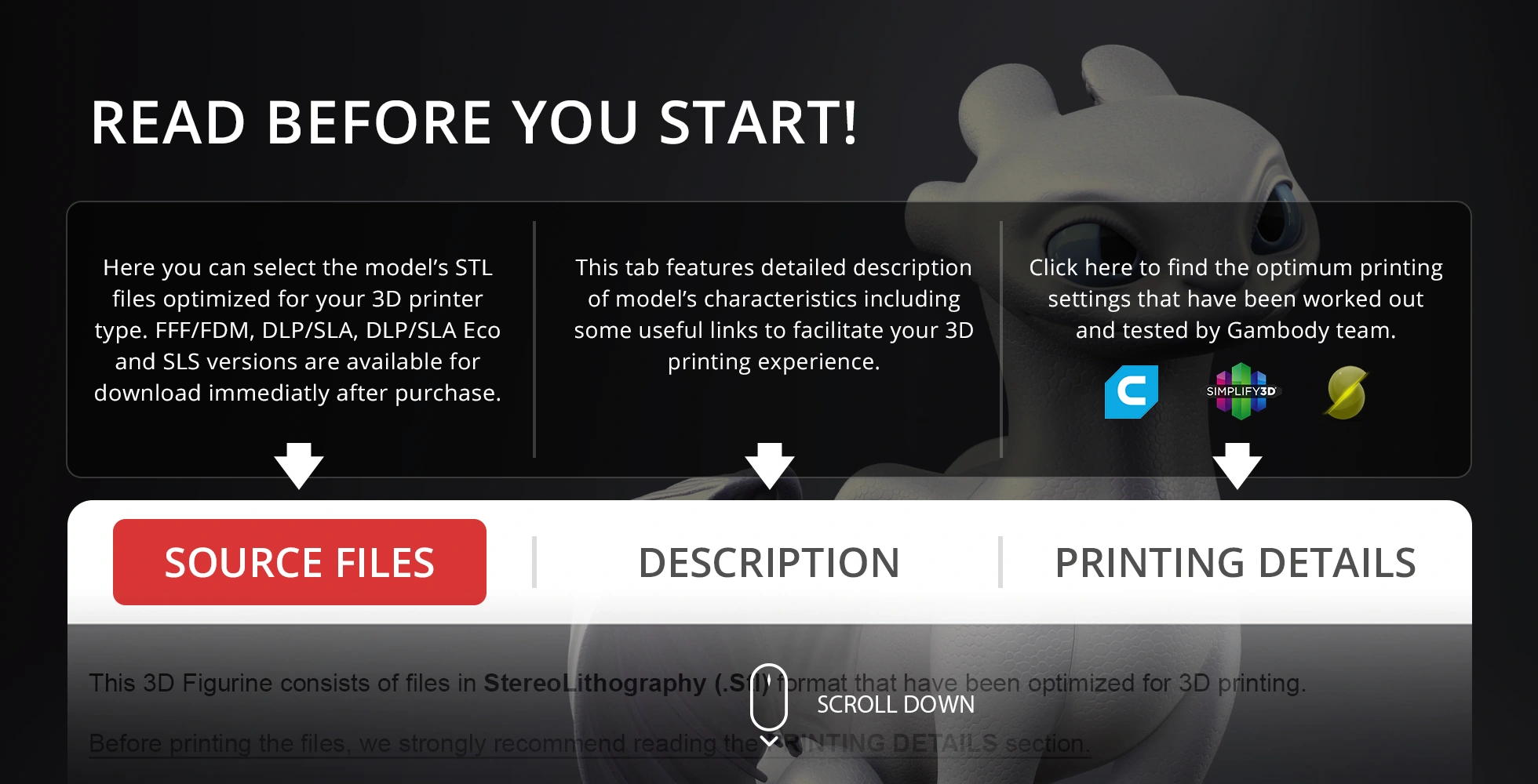 Close-up of Light Fury's face with text about selecting STL files and 3D printing details on Gambody.