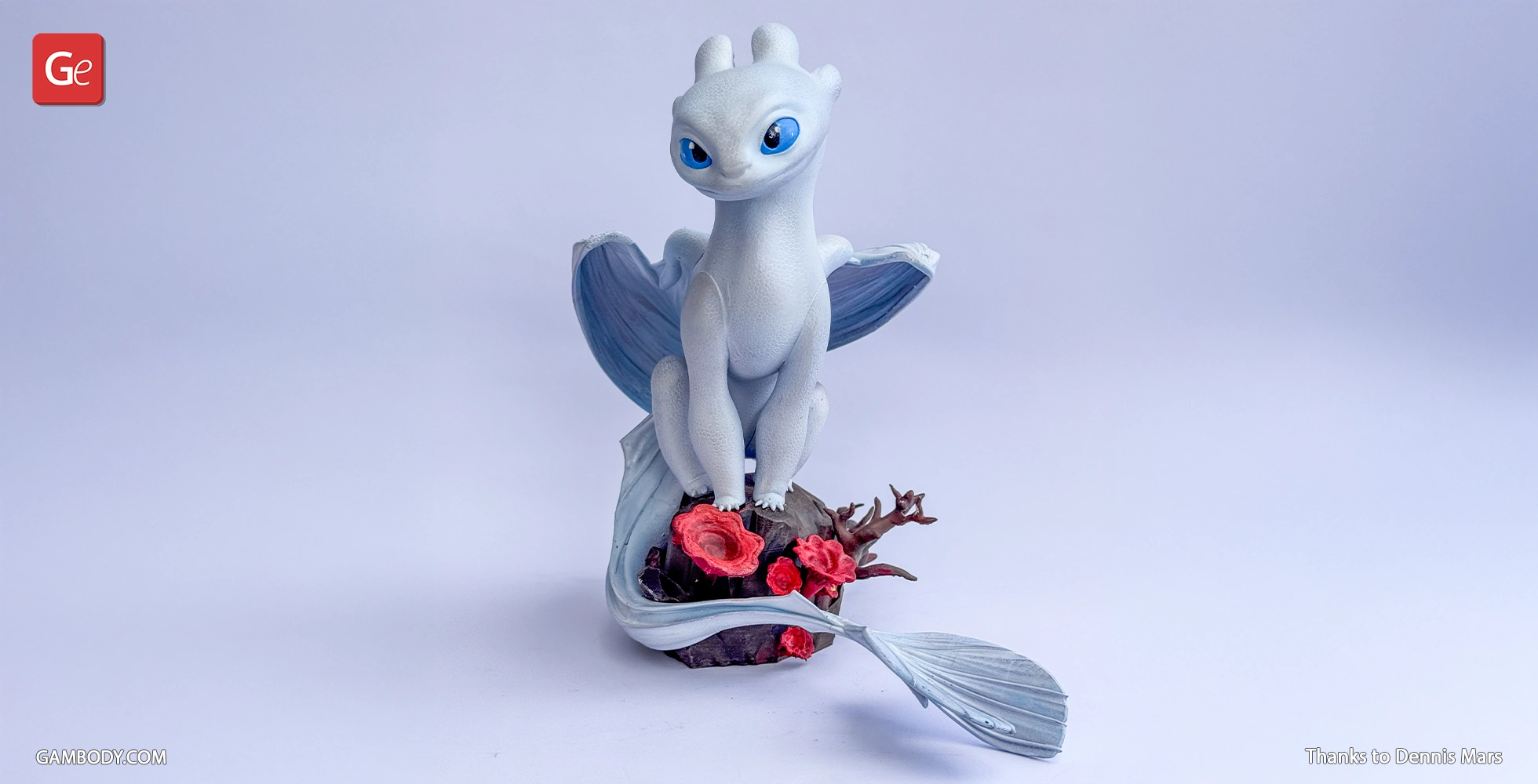 White dragon with blue eyes and wings perched on a rock with red flowers and branches.