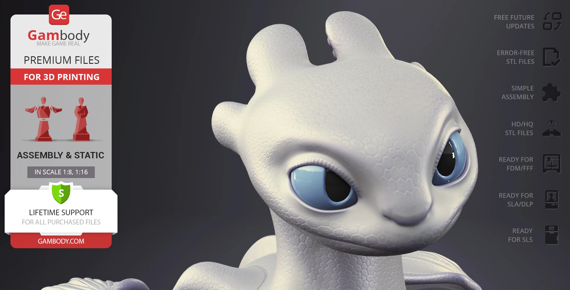 White dragon character with textured scales and large blue eyes, suitable for 3D printing.