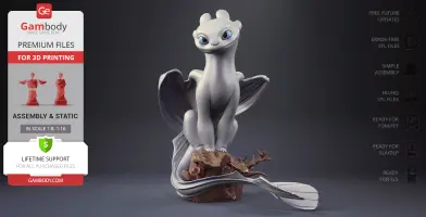 A 3D model of a dragon-like creature, Light Fury, poised on a rock with wings outstretched.