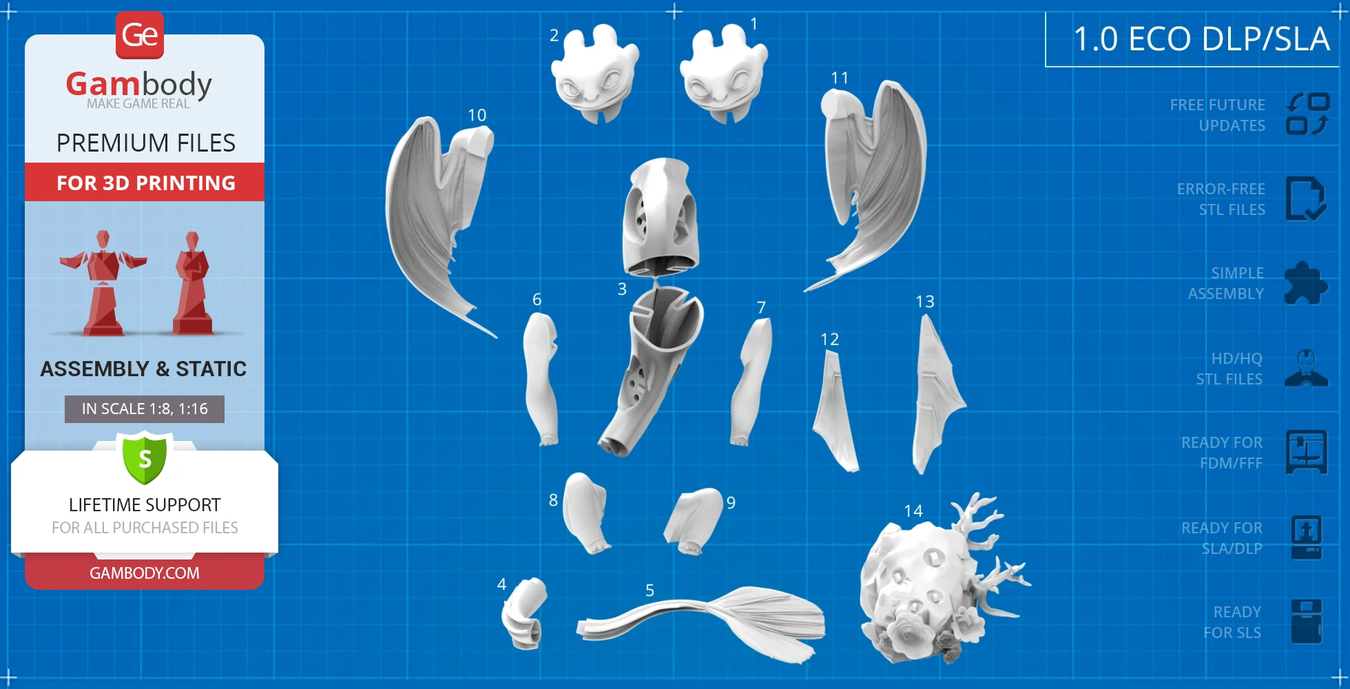 Disassembled 3D model of Light Fury dragon for printing, showing various numbered parts.
