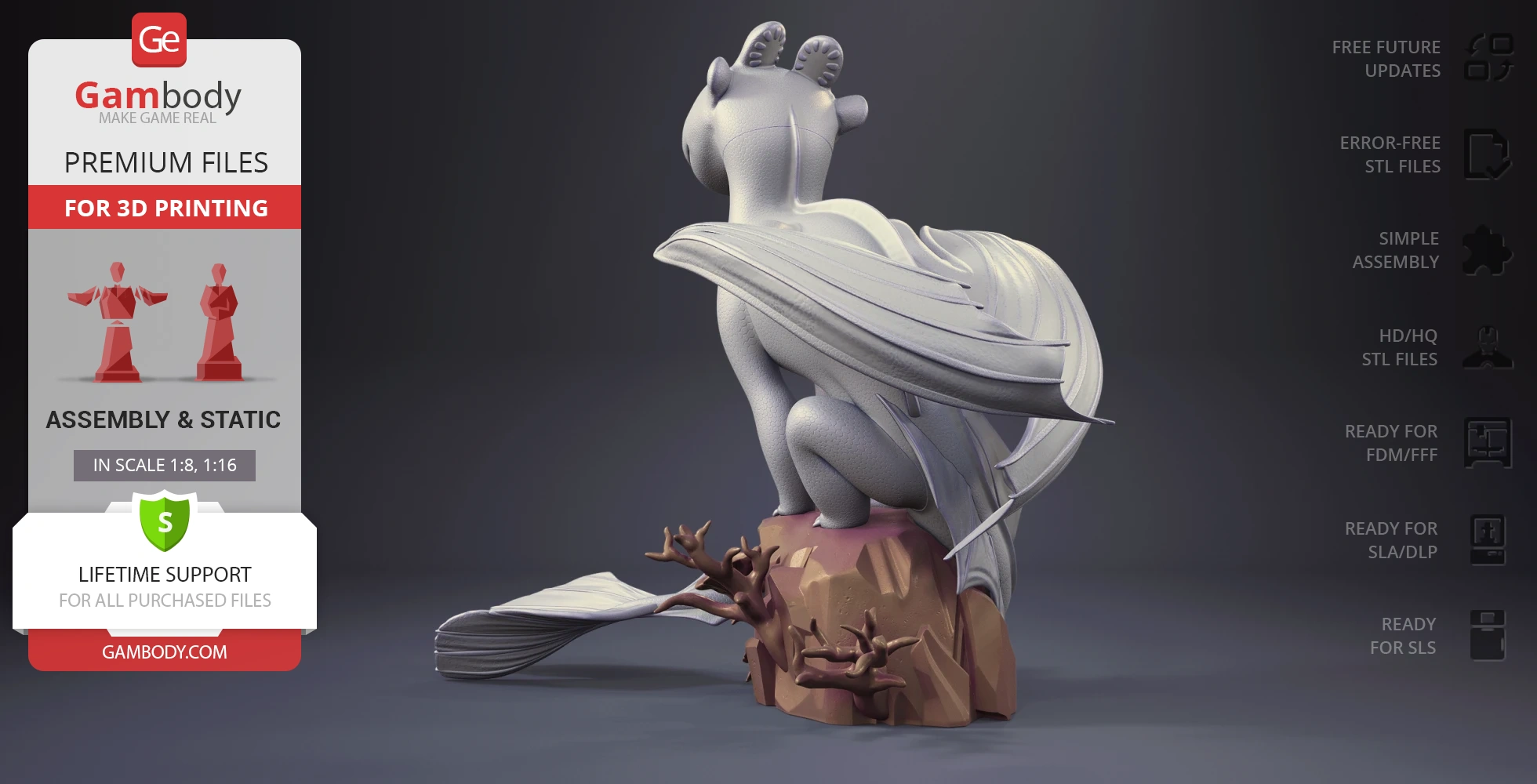 White dragon-like creature perched on rocky base, showcasing detailed wings and textured skin.