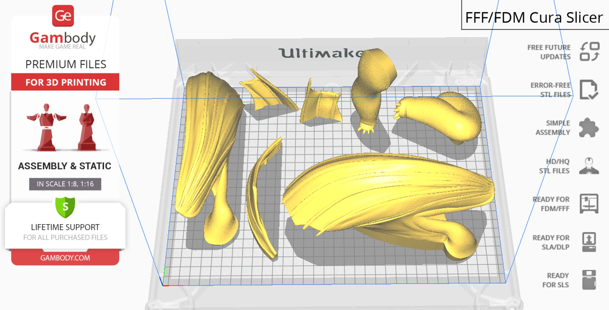 3D model parts for printing a Light Fury figure, arranged on a digital print bed.