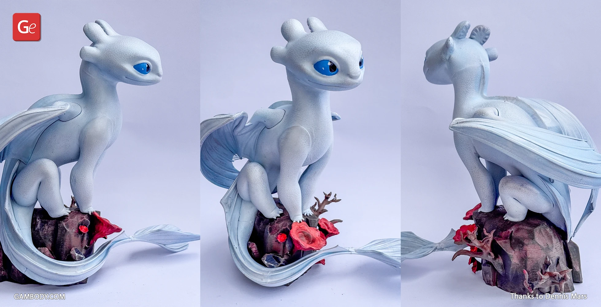 Elegant dragon-like figure with smooth scales, light blue skin, and wings perched on a rock.