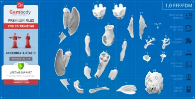 3D printable parts of a Light Fury model, displayed on a blue grid background.