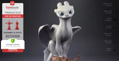White dragon model with big eyes and wings, standing on a base. 3D printing details visible on left.
