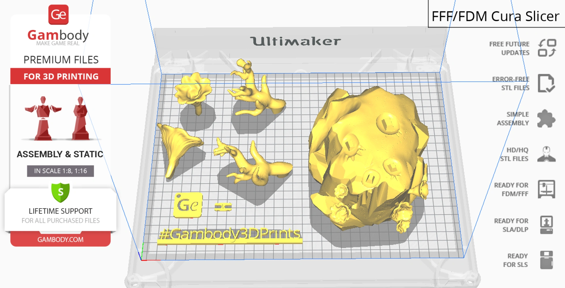 3D printing setup with various parts of a dragon model on a grid, ready for assembly.