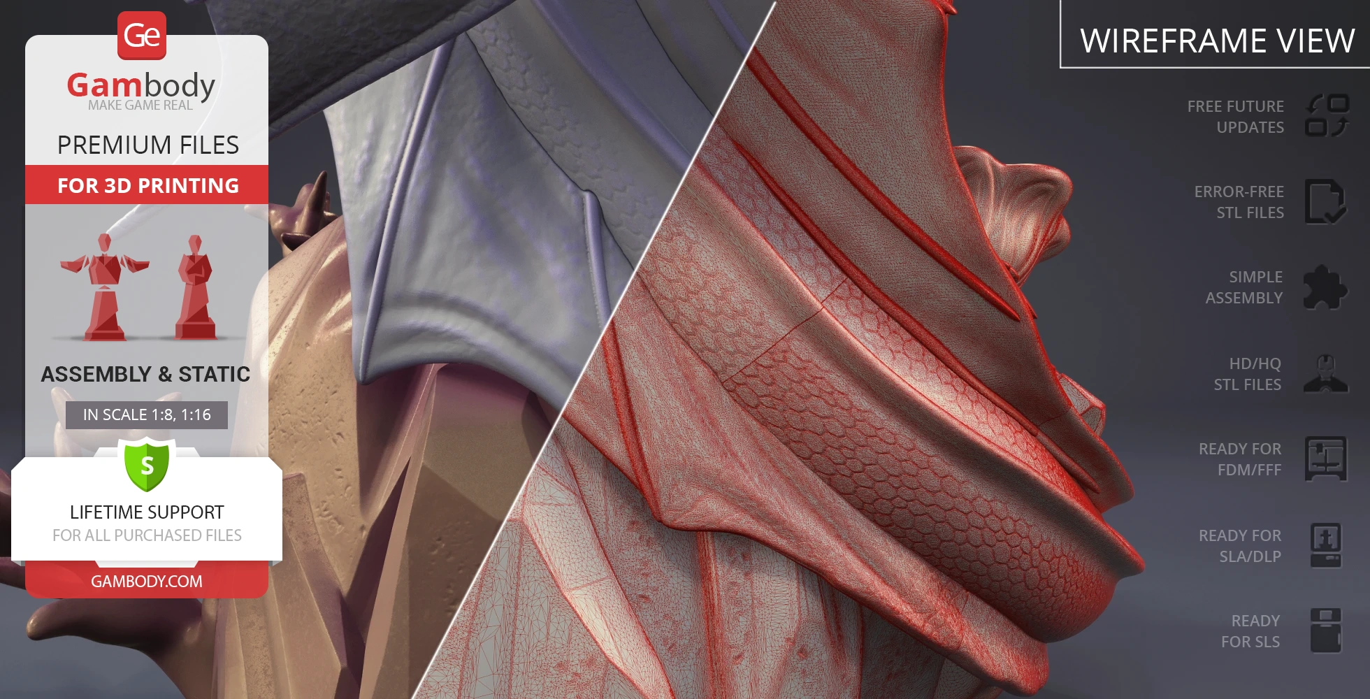 A detailed 3D model for printing, showing a textured surface and wireframe view split diagonally.