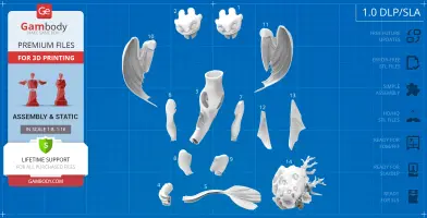 3D model parts of Light Fury for printing. Includes wings, body, head on a blueprint background.