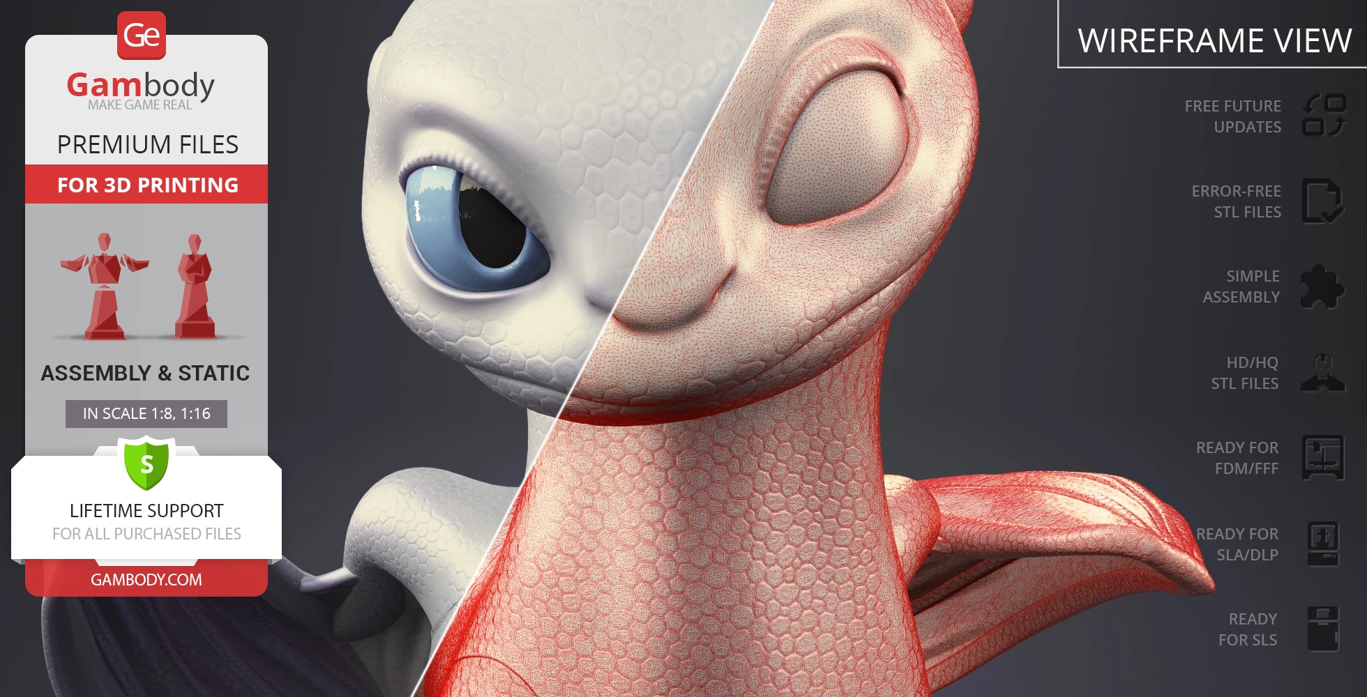 A 3D model of a dragon with smooth, white scales on the left and a detailed wireframe on the right.
