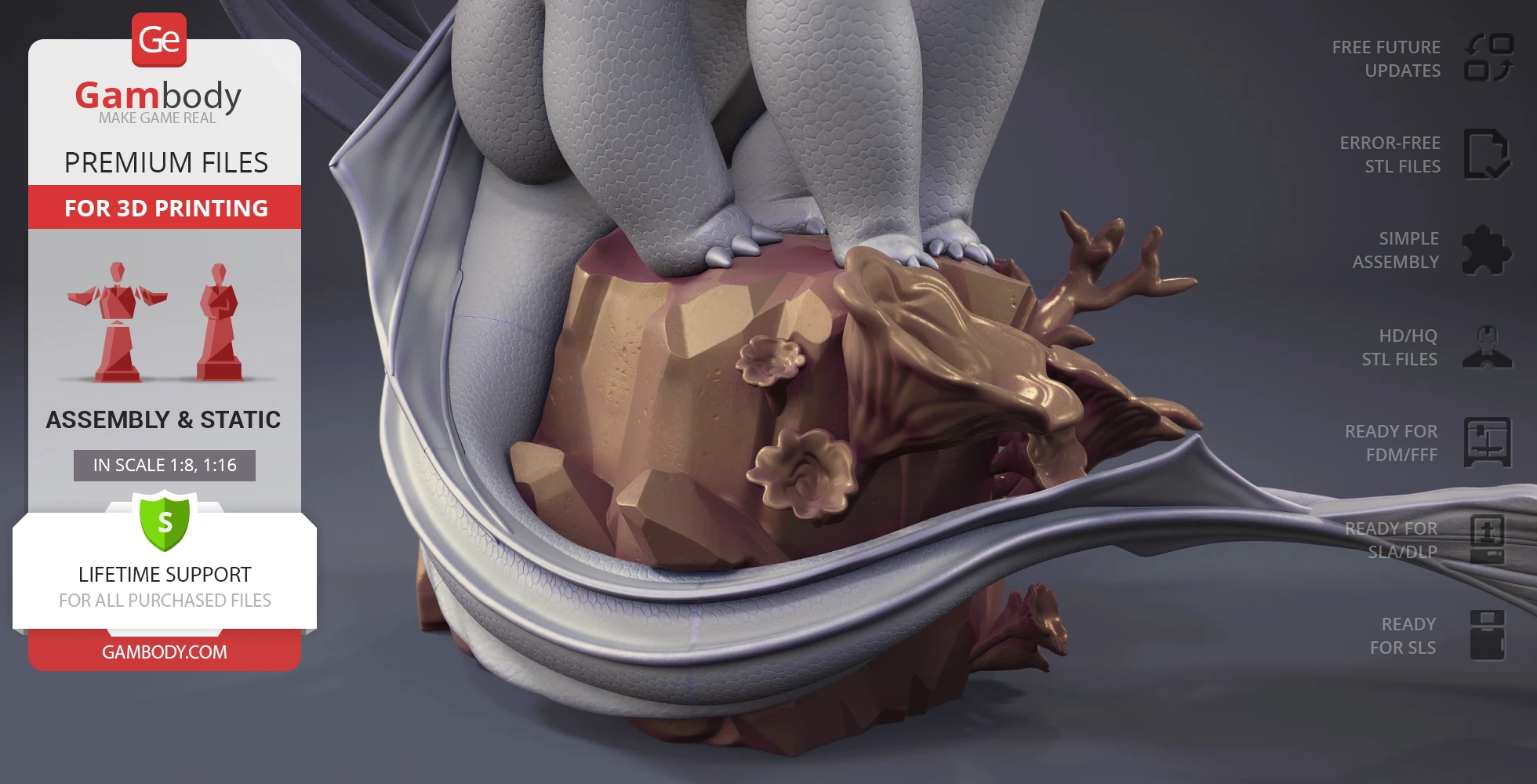 Dragon figure on a rock base with flowers and tree branch details, designed for 3D printing.