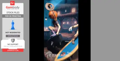 A fantasy character with orange hair crouches on a board against a village backdrop.