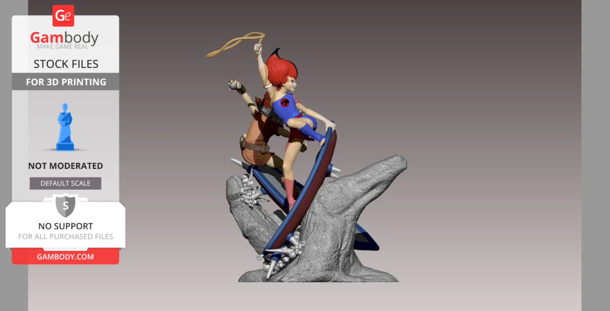 A dynamic figure with red hair and costume, riding a rocky base, holding a whip in action pose.