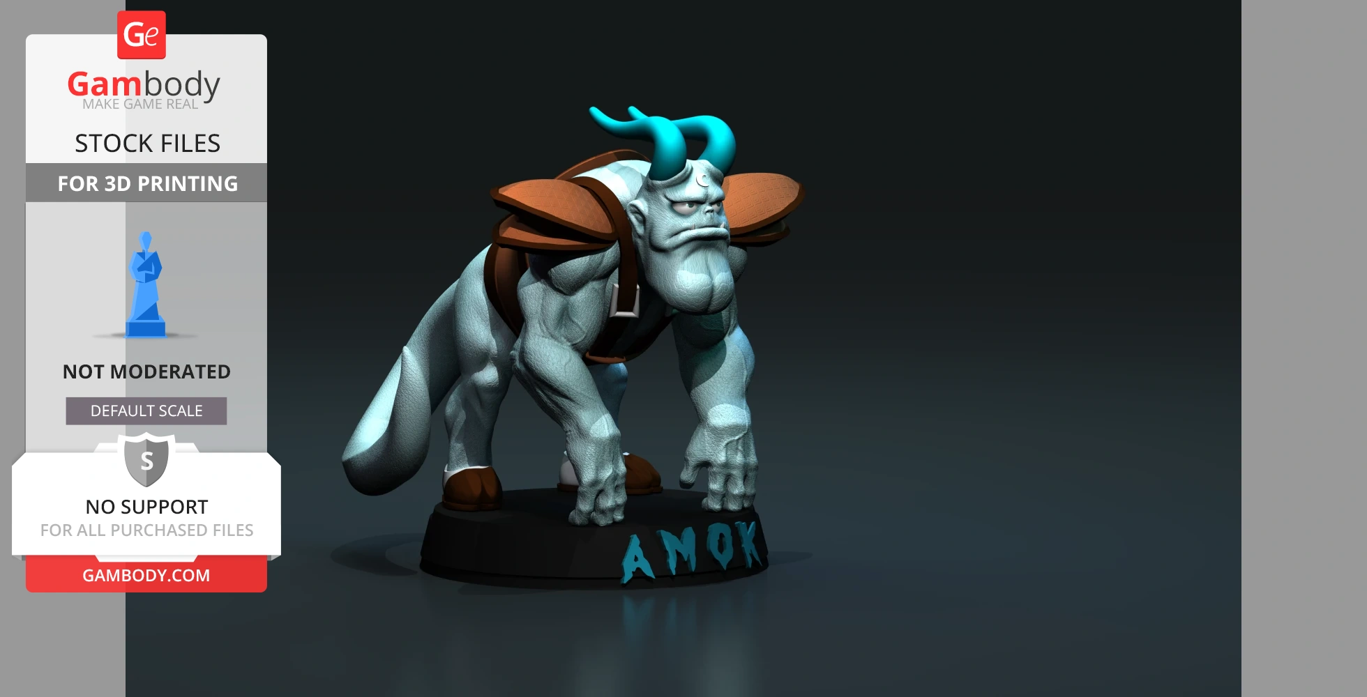 A muscular humanoid creature with horns and armor, standing on a base labeled 'AMOK' for 3D printing.