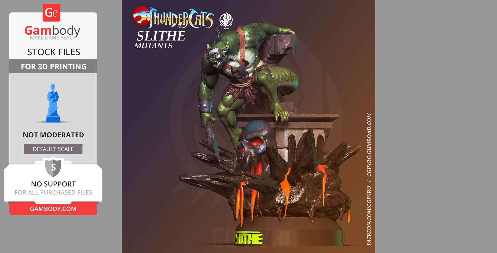 A detailed 3D model of a green, muscular creature perched on a rocky base, holding a weapon.