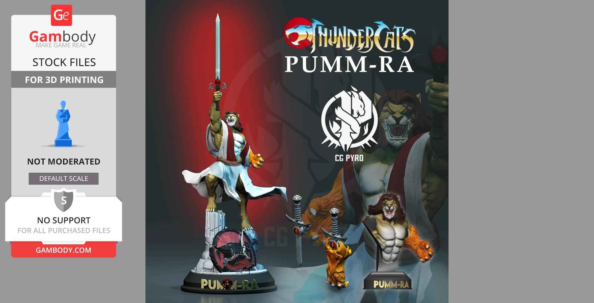 Lion-like warrior figure with a sword, in a heroic pose. 'Thundercats Pumm-Ra' text appears alongside.