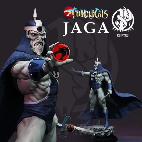 3D model of Jaga from Thundercats in dynamic pose, holding a red orb, wearing a helmet and cape.