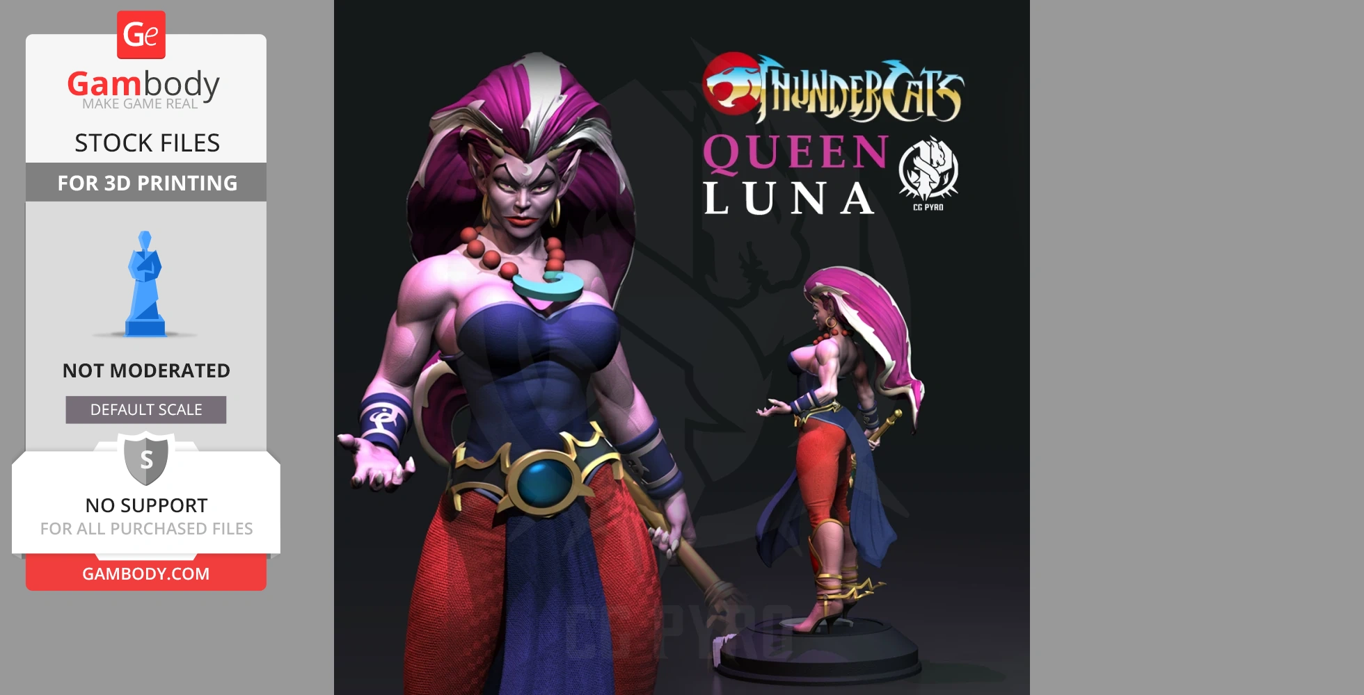 A 3D model of a fantasy character named Queen Luna with purple hair and colorful attire.
