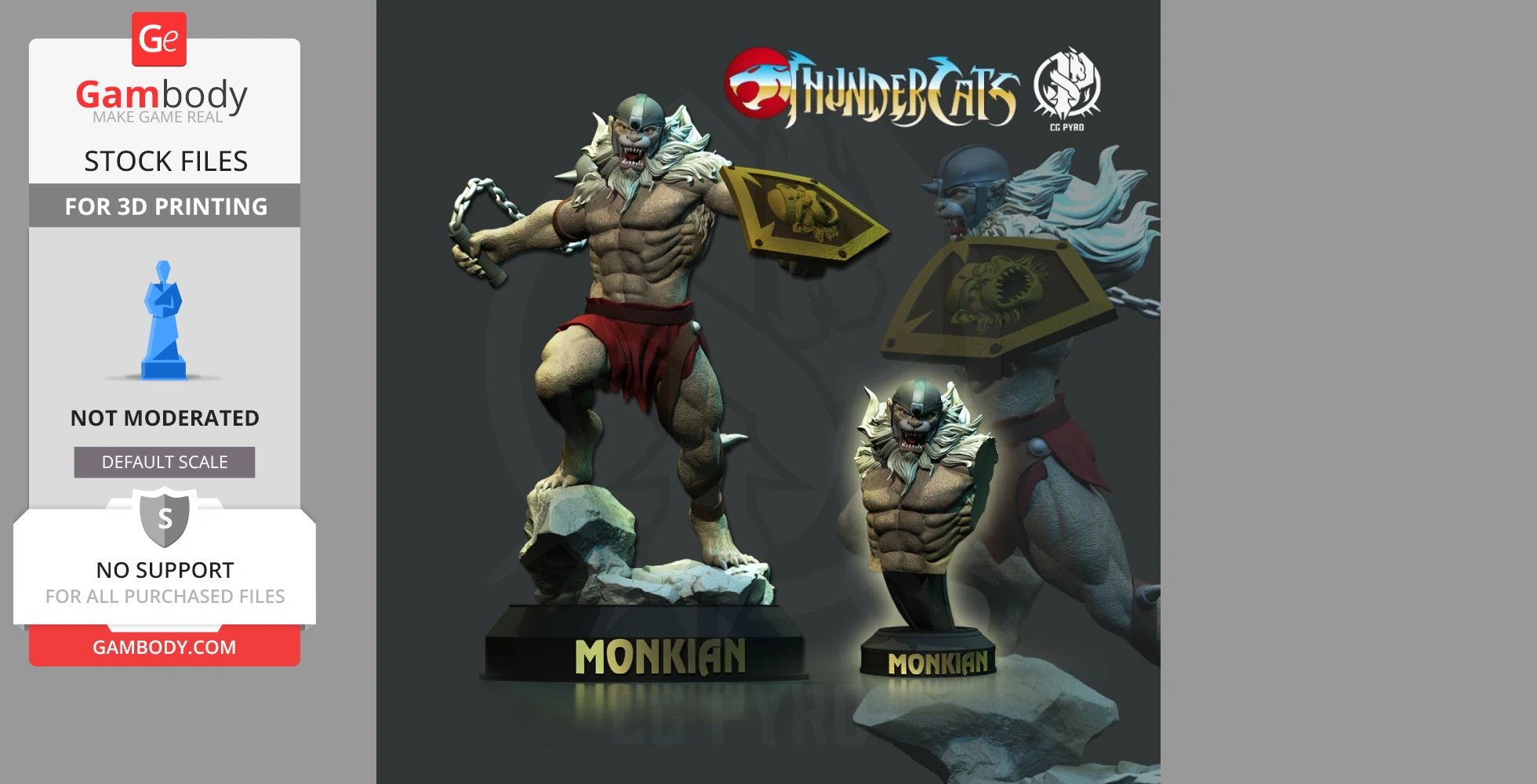 3D model of a muscular creature holding a shield, titled 'Monkian' from the Thundercats collection.