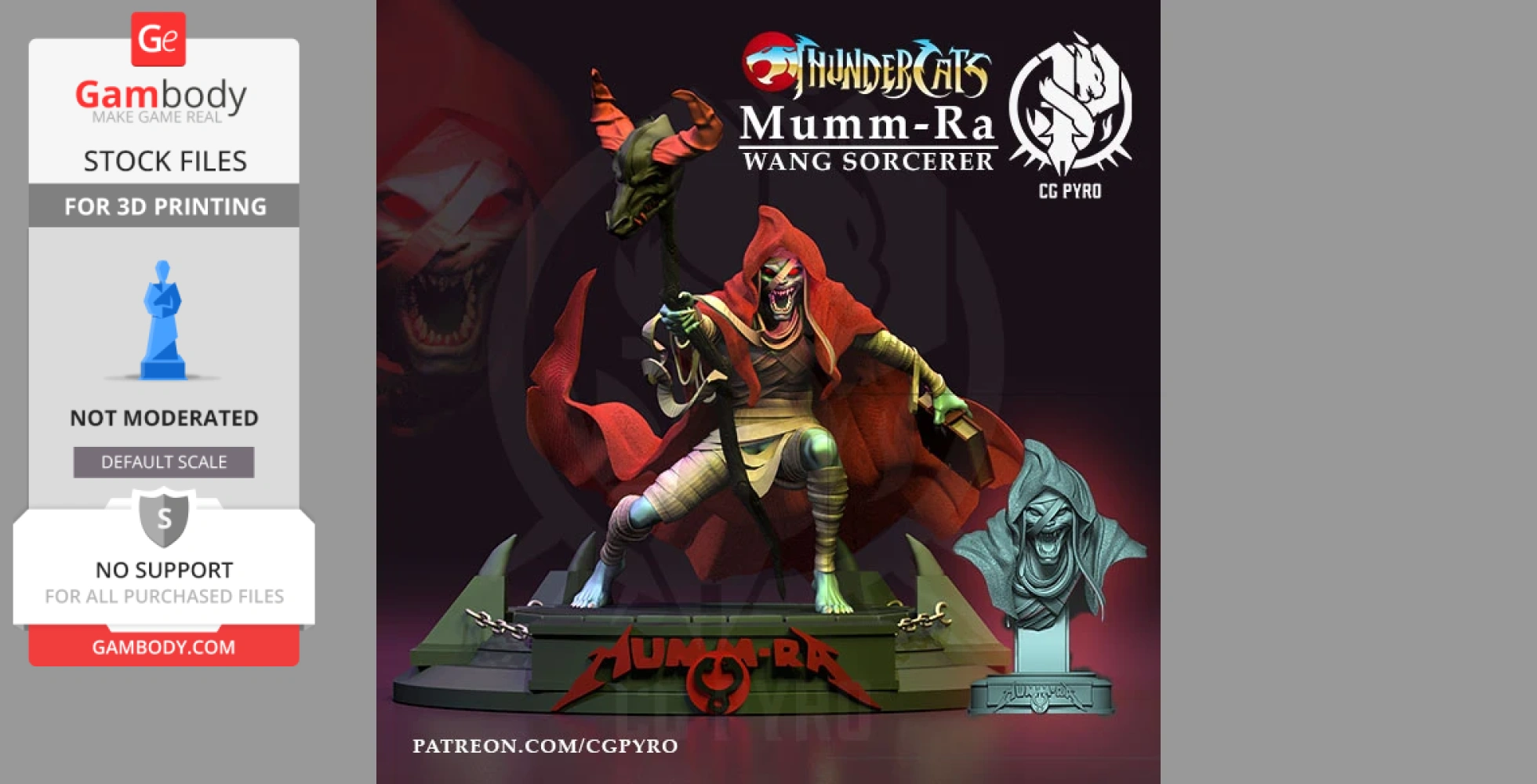 A dynamic figure of a sorcerer in a red cloak, holding a staff, with a matching bust on display.