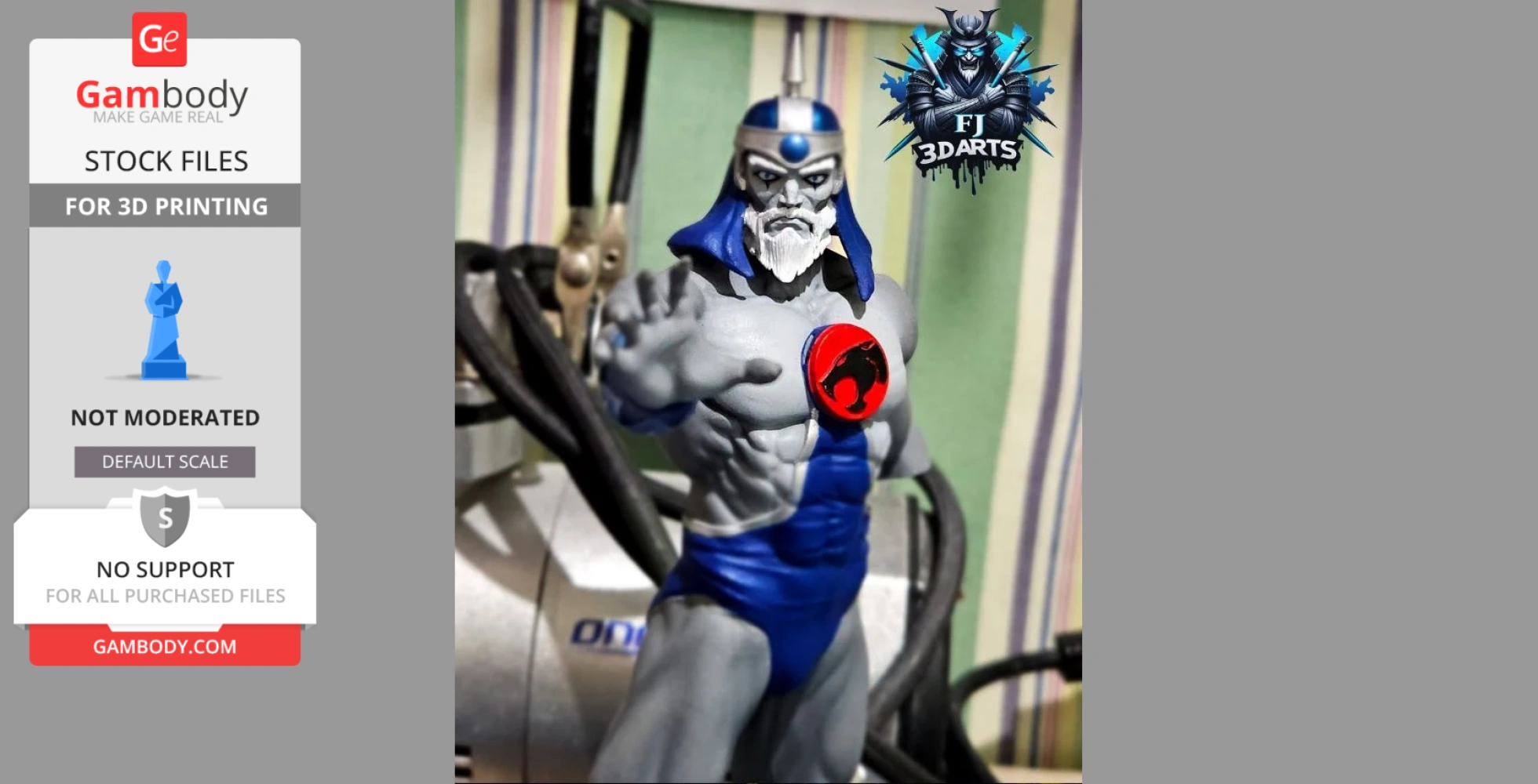 A muscular warrior 3D figure in blue armor with a red emblem, posed with an outreached hand.