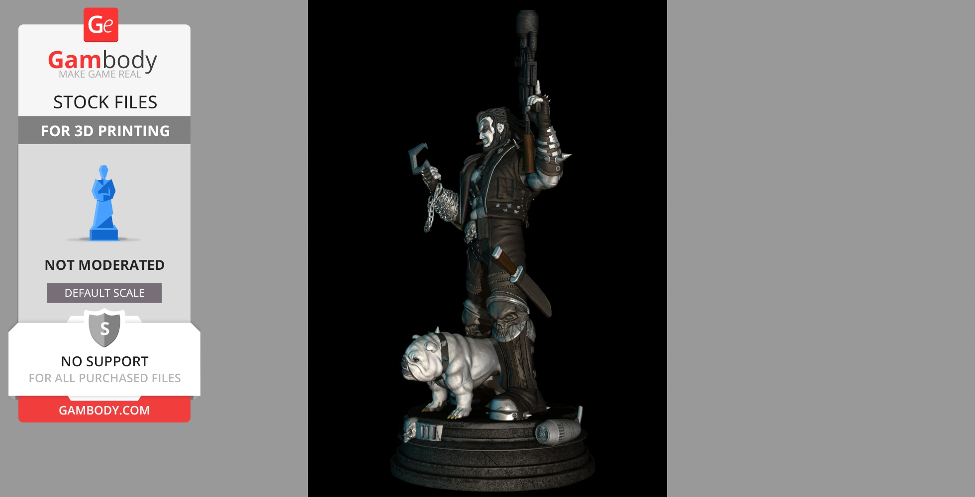 A warrior-like figure wielding a large weapon, with an armored bulldog at their feet, standing on a detailed base.