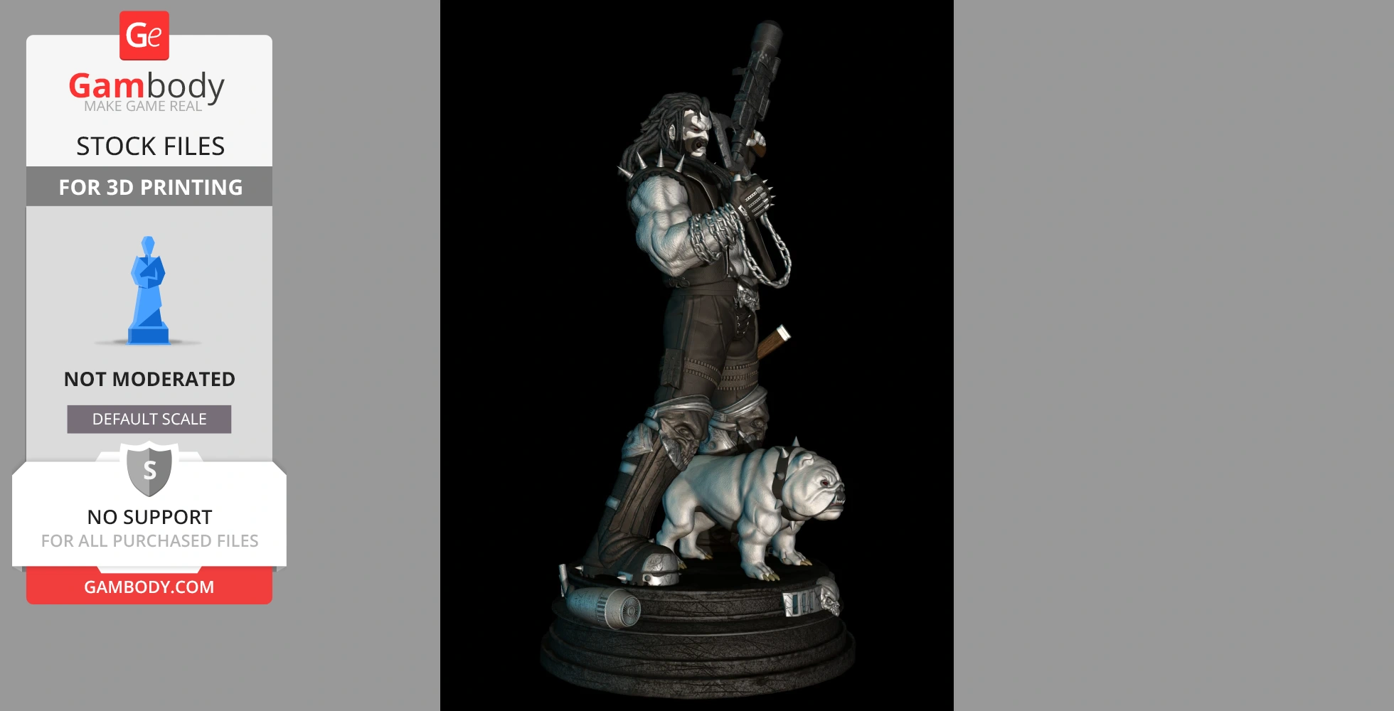 A muscular figure holding a large weapon stands with a bulldog on a detailed base.