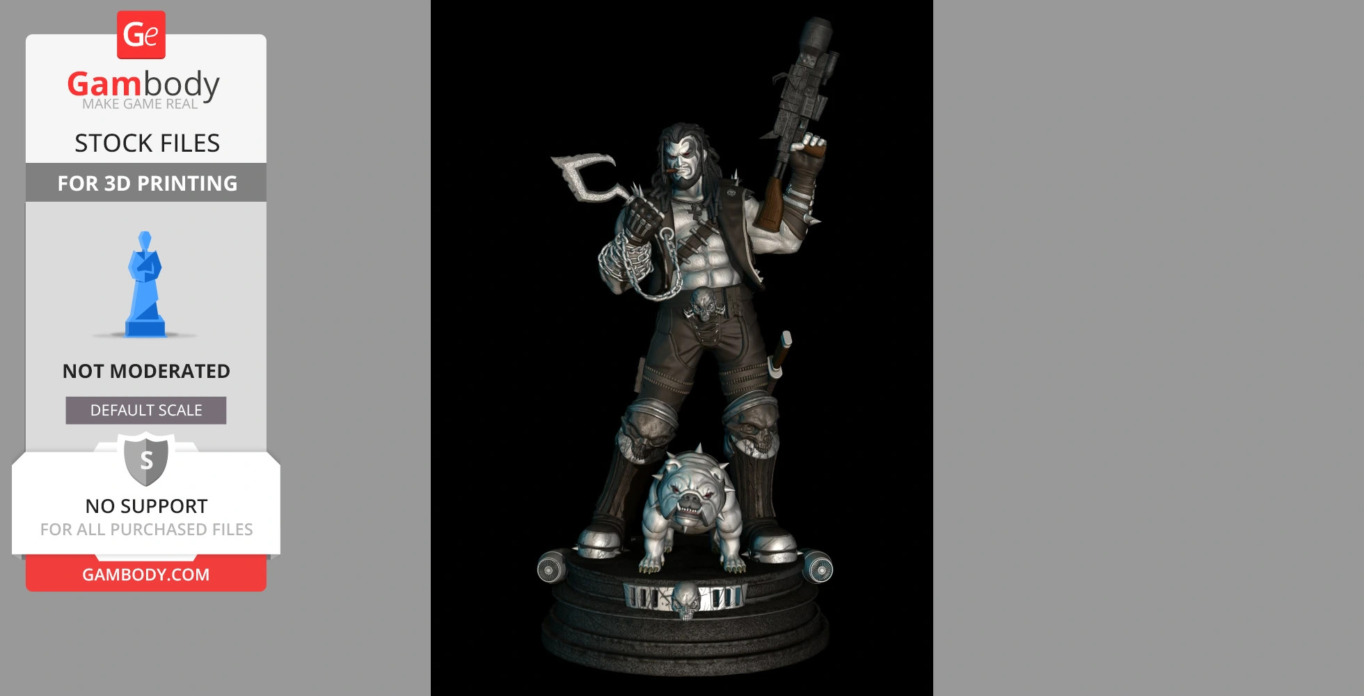 Intimidating warrior figurine with skull motifs, holding weapons, accompanied by a spiked bulldog on a circular base.