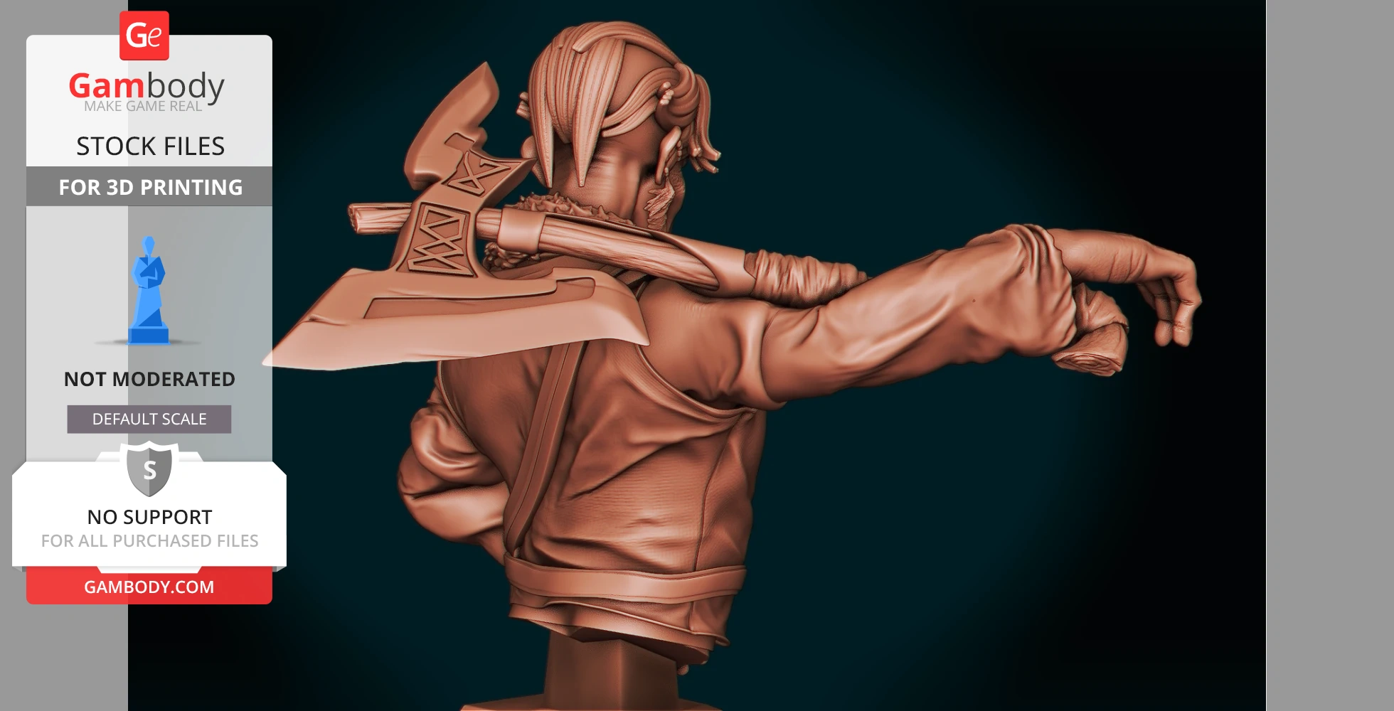 A detailed 3D model of a bearded figure holding an axe, pointing to the right, designed for 3D printing.
