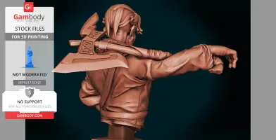 A detailed 3D model of a bearded figure holding an axe, pointing to the right, designed for 3D printing.