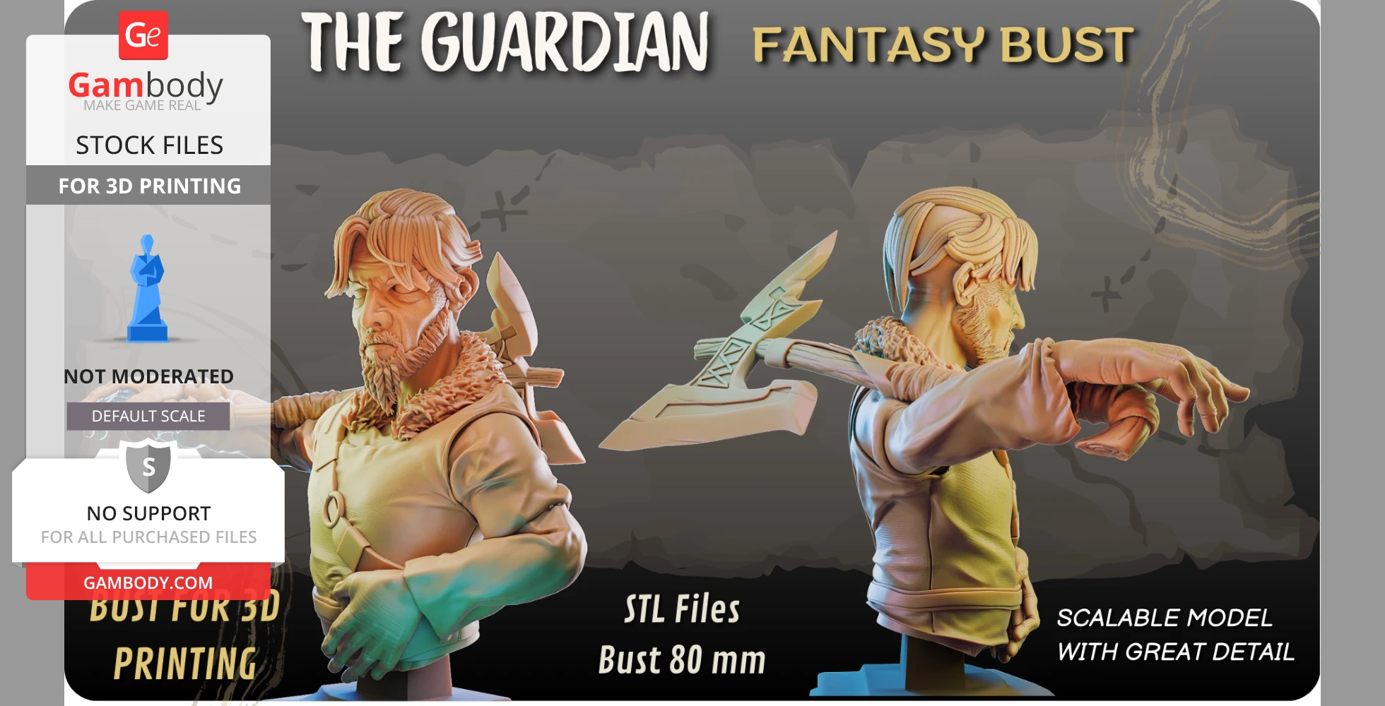 A detailed bust of a bearded warrior with an axe, ready for 3D printing, in a fantasy theme.