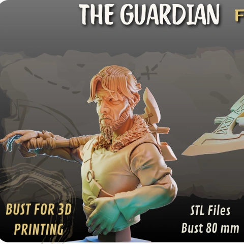 A rugged warrior bust with a beard and an axe on his back for 3D printing.