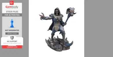 Hooded dark sorcerer figure with a skull staff, standing on a jagged, horned base.