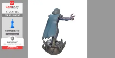 Dark sorcerer figure with a cape, casting a spell, stands on horned base.
