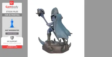 A dark sorcerer in a hooded cloak holding a staff, standing on a spiked base.