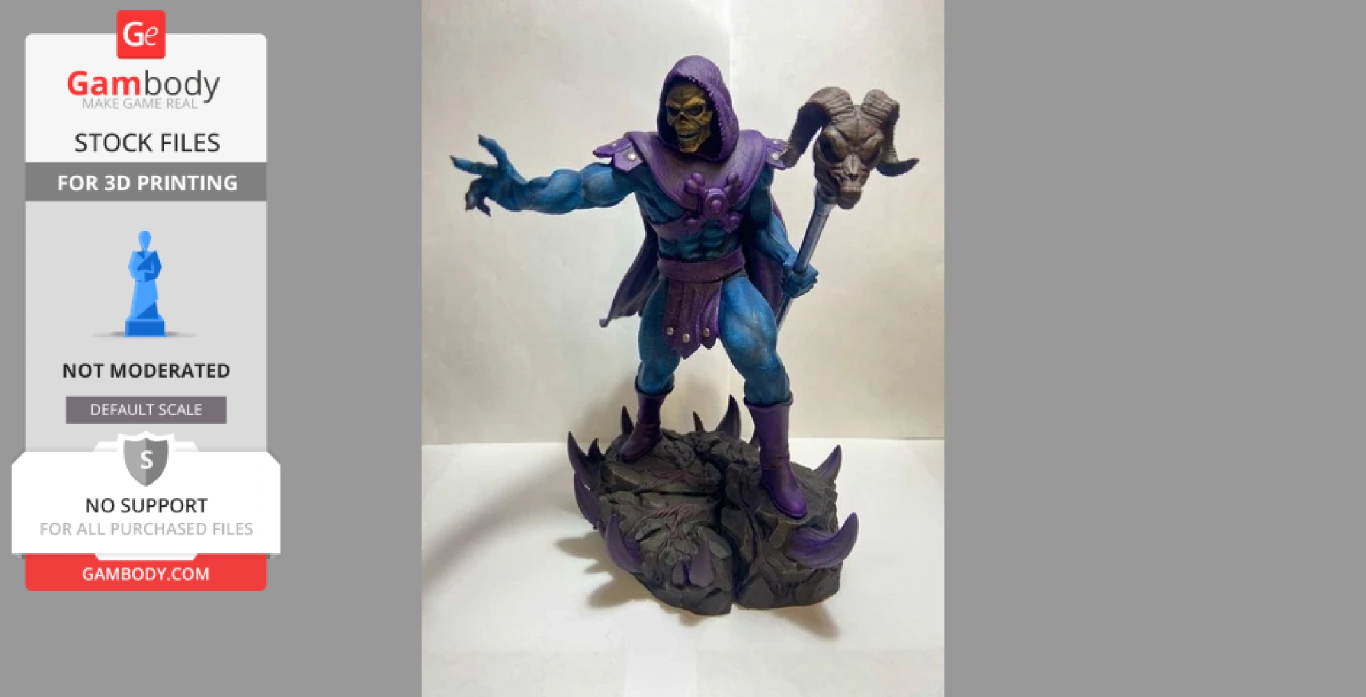 A blue muscular figure with a skull face, purple hood and armor, holding a staff, stands on a spiked base.