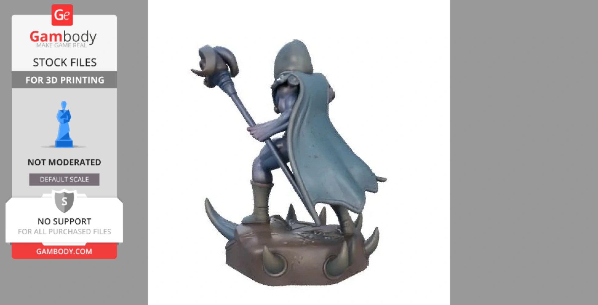 A dark sorcerer in a hooded cloak holding a staff, standing on a spiked base.