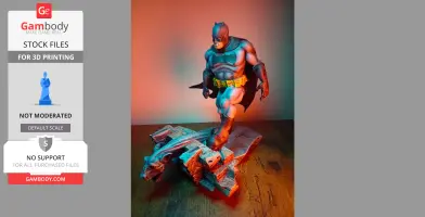 The 3D model depicts Batman in an action pose on a stone-like base, ready for 3D printing.